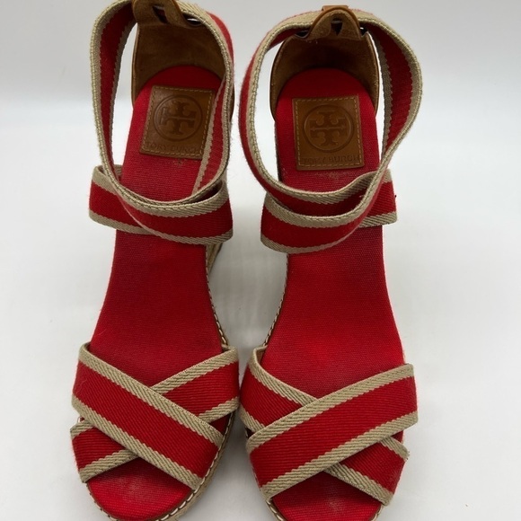 TORY BURCH WOMENS RED AND TAN WEDGE ADONIS WEDGE ESPADRILLES SIZE 10B - Picture 7 of 13
